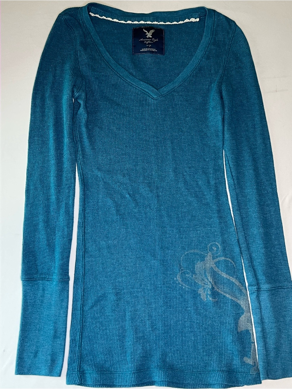 American Eagle teal ribbed V-neck long sleeve top
